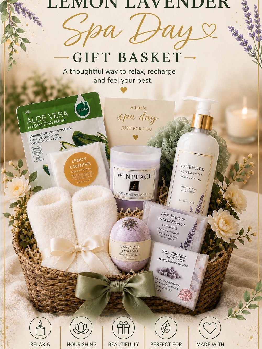 Lemon Lavender Spa Day Gift Basket — Lavender & White